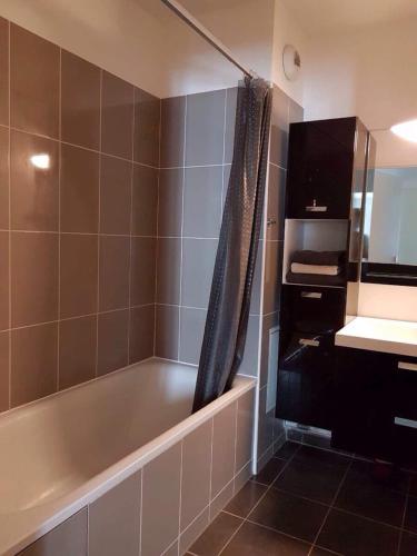 une salle de bain avec une baignoire et un lavabo dans l'établissement Thao, à Serris