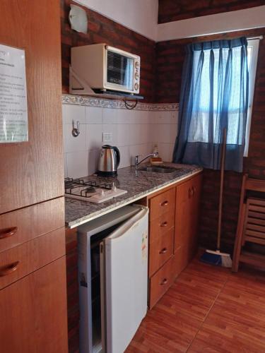una pequeña cocina con fogones y fregadero en Los olivos en Capilla del Monte