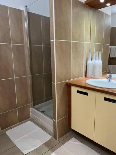 a bathroom with a shower and a sink at KANOA LODGE piscine et vue mer in Saint-Claude