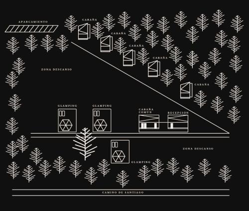 una ilustración en blanco y negro de una casa con árboles en A Leira 116 Cabañas de diseño en Sarria