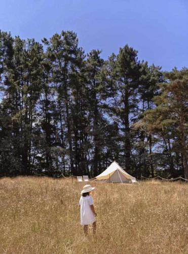 a woman standing in a field with a tent at A Leira 116 Cabañas de diseño in Sarria