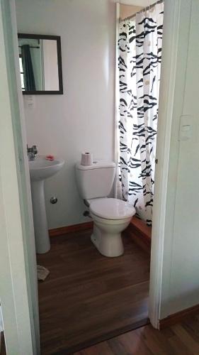 a bathroom with a toilet and a sink at Cabaña Pelulandia in Playa Verde