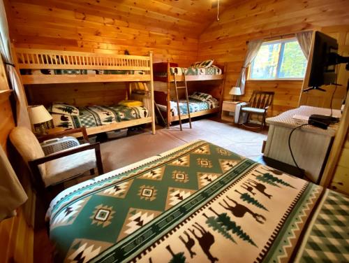 een slaapkamer met een bed en een stapelbed in een hut bij Pine Cottage On Secret Cove in Sodus