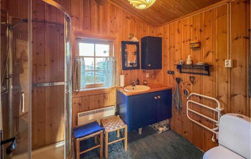 a bathroom with a blue sink and a shower at Beautiful Home In Sjusjen With 3 Bedrooms in Sjusjøen