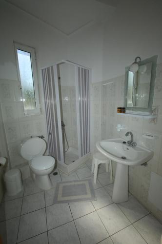 a bathroom with a toilet and a shower and a sink at Sunrise Hotel in Agia Ermioni