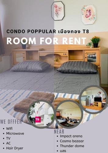 Thung Si KanにあるFor rent condo popular T8 fl8のベッド1台と鏡2つが備わる貸し切り部屋