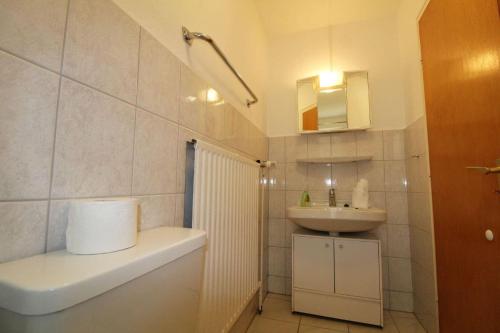 ein Badezimmer mit einem Waschbecken, einem WC und einem Spiegel in der Unterkunft Ferienwohnung Düneneck 14 Gartenhaus in Sankt Peter-Ording