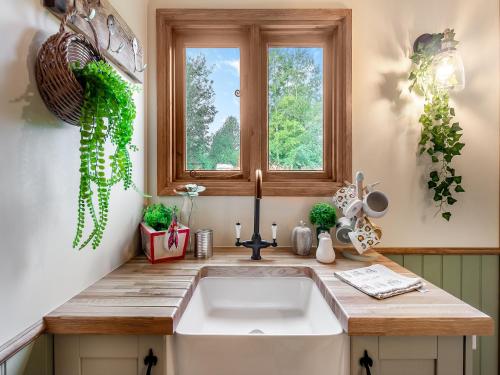 uma cozinha com um lavatório e uma janela em Cherry Tree Lodge- Uk45518 em Humberstone