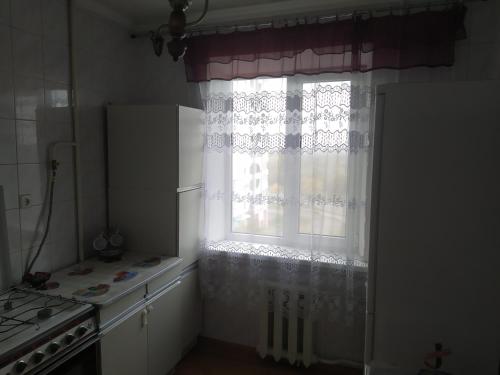 een keuken met een raam met een wit gordijn bij 2-х квартира Огнівка in Poltava