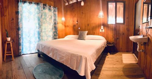 a bedroom with a bed and a sink at Blue House in Puerto Escondido