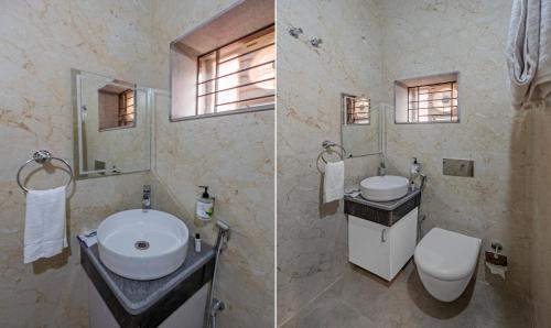 two pictures of a bathroom with a sink and a toilet at Itsy Hotels Greenland Jungle View in Bhubaneshwar
