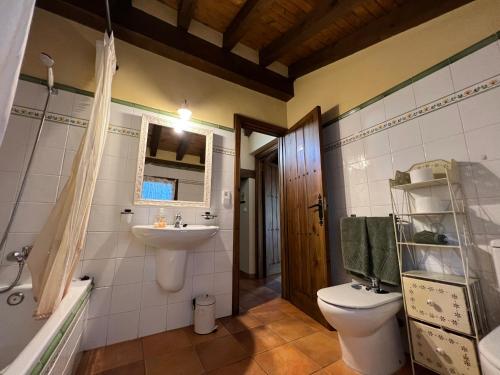 Un baño con inodoro, lavabo y ducha. en Villa El Molino Blanco, en Molinos de Razón