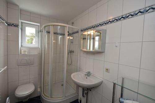 a bathroom with a shower and a sink and a toilet at Ferienwohnung-6-15 in Baabe