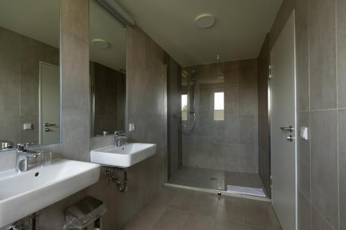 ein Bad mit einer Dusche, 2 Waschbecken und einer Dusche in der Unterkunft Pension Schwalbennest in Bösleben-Wüllersleben