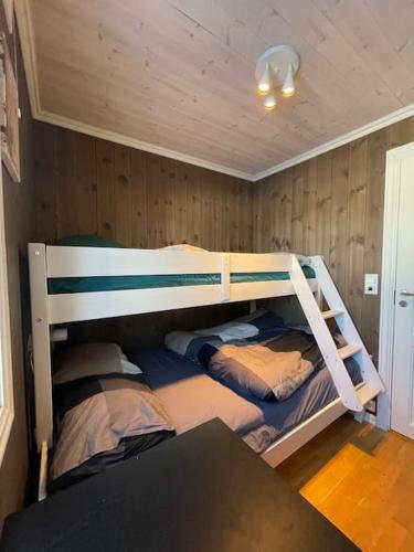 1 dormitorio con 2 literas y mesa en Modern cabin at Budor, close to Hamar and Løten, en Nordset