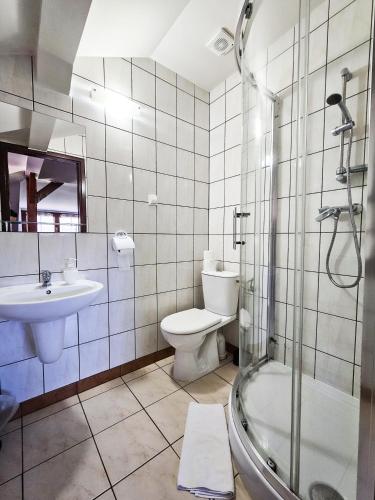 a bathroom with a toilet and a sink and a shower at Gościniec Gryszczeniówka & SPA in Wargowo