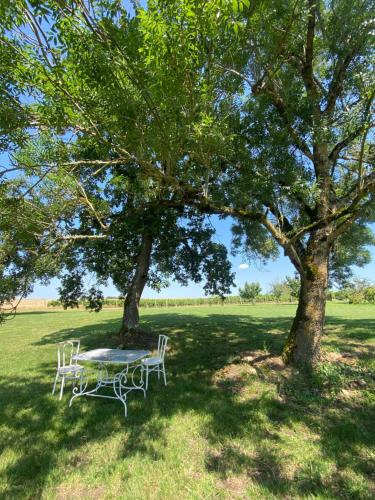 a table and chairs under a tree in a field at Gîte de charme avec piscine dans le Gers « Le Clos Boissière » in Valence-sur-Baïse
