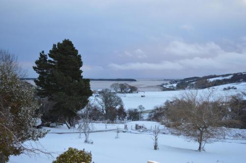 a snow covered field with trees and a lake at Strathview Lodge in Dornoch