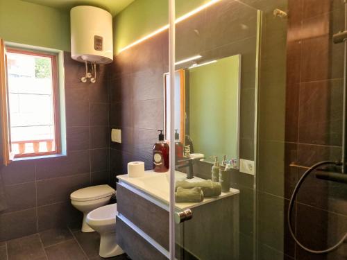 a bathroom with a toilet and a sink and a shower at WH-Bilocale Green Roburent in San Giacomo