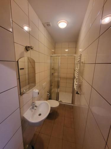 a bathroom with a sink and a shower at Hotel Parkowy in Malbork