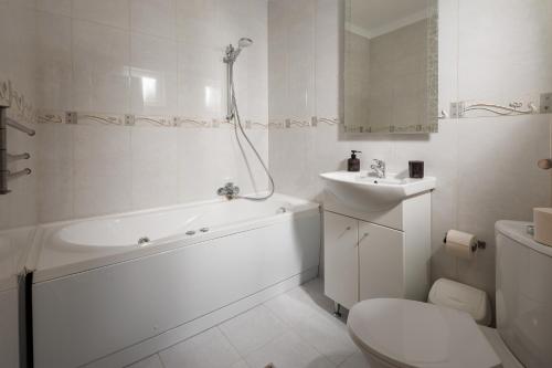 a bathroom with a tub and a toilet and a sink at Pensiunea Samaha in Moieciu de Sus