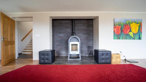 a living room with a red rug and a brick wall at Villa Maximus in Jáchymov