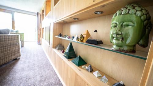 a room with a shelf with a green head on it at Villa Maximus in Jáchymov