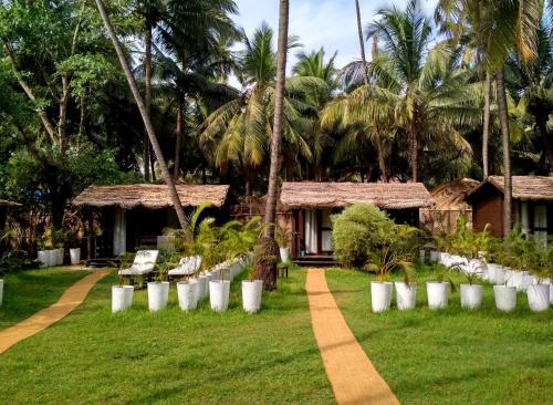 um resort com cadeiras brancas e palmeiras em Mamagoa Beach Resort em Mandrem