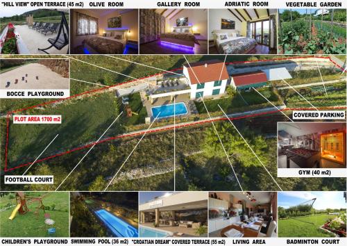 un collage de fotos de una casa con diferentes tipos de patios en Villa Four Seasons, heated pool and 3 en-suite bathrooms, en Velika Cista