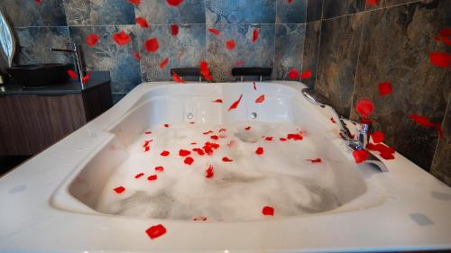 a bath tub covered in blood with red hearts in it at HOTEL HEKSAPOLİS in Tavşancıl