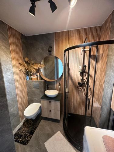 uma casa de banho com um chuveiro, um WC e um lavatório. em Apartament Koncertowa em Lublin