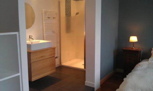 ein Bad mit einer Badewanne, einem Waschbecken und einer Dusche in der Unterkunft Le Dojo du Plessis in Mareuil