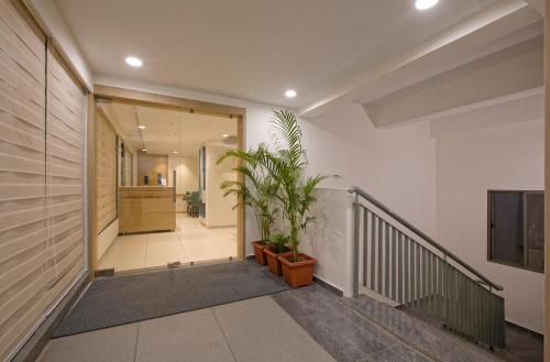 a hallway of a house with a potted plant at HOTEL AURELLIA in Sarkhej