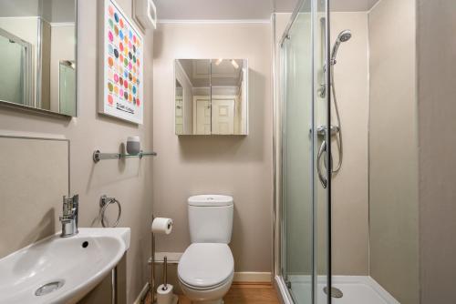 La salle de bains est pourvue de toilettes, d'un lavabo et d'une douche. dans l'établissement Castle View Hideaway, à Édimbourg