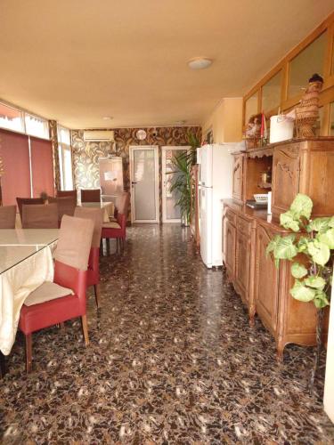 a kitchen with a refrigerator and a table and chairs at Pensiunea San in Arad