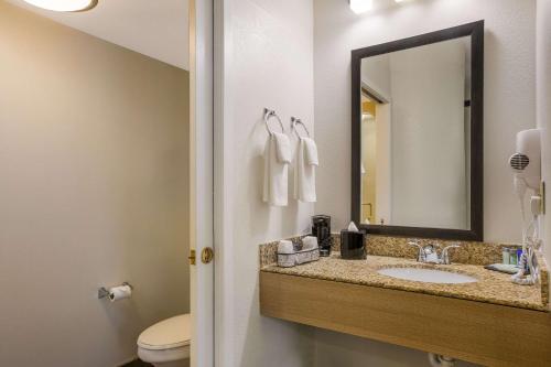 a bathroom with a sink and a mirror and a toilet at Clarion Pointe Sevierville-Pigeon Forge in Sevierville
