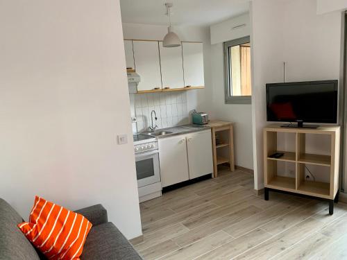 un salon avec un canapé et une cuisine dans l'établissement Studio indépendant + jardin, à La Frette-sur-Seine