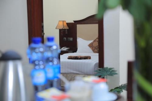 a hotel room with a bed and a mirror at Debredamo Hotel in Addis Ababa
