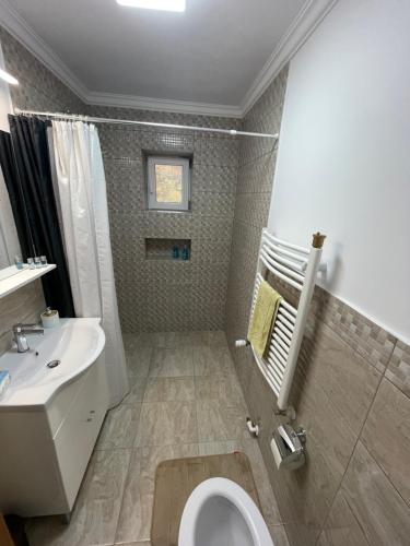 La salle de bains est pourvue de toilettes blanches et d'un lavabo. dans l'établissement Grandpa's House in Hateg, à Haţeg