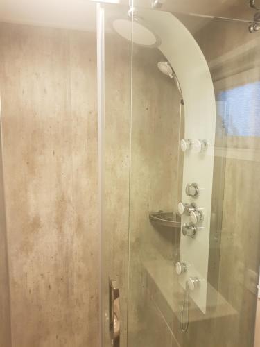 y baño con ducha y puerta de cristal. en H15, Sauna- en Wellnesschalet geschikt voor 2 personen en Epe