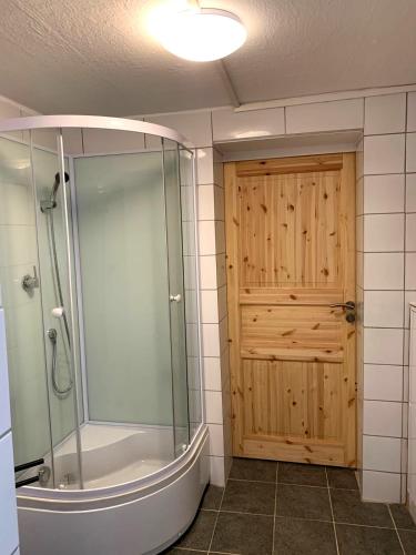 a bathroom with a shower and a wooden door at Monteur-Haus Linde in Biesenthal