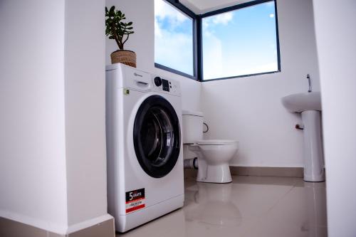 a washing machine in a bathroom with a toilet at Ampifitia Guest House in Antananarivo