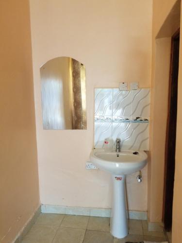 ein Bad mit einem Waschbecken und einem Spiegel in der Unterkunft Allamanda Gardens Resort in Nakuru
