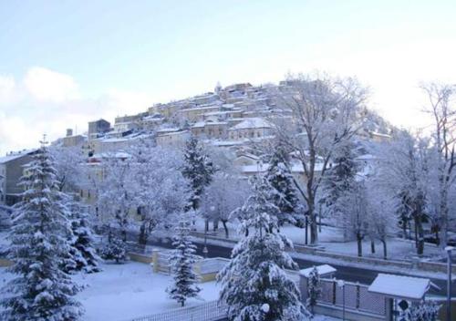 um edifício numa colina com árvores cobertas de neve em Alba Sporting Hotel em Rocca di Mezzo
