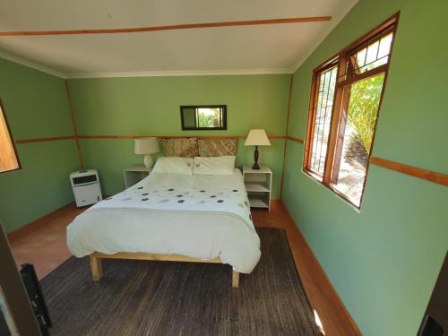 a green bedroom with a bed and a window at The Farmhouse Palm Tree Cabin in Stellenbosch