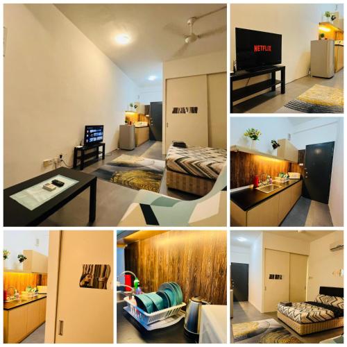 een collage van foto's van een hotelkamer bij NSF Empire Damansara Free Netflix & Wifi in Petaling Jaya