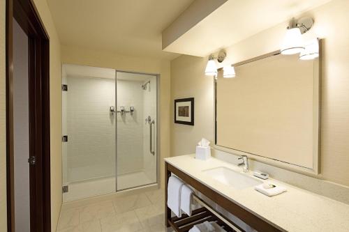 a bathroom with a sink and a shower at Four Points by Sheraton Downtown Seattle Center in Seattle