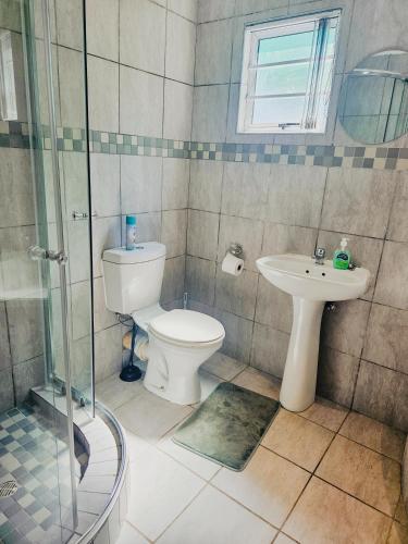 a bathroom with a toilet and a sink at Sea Breeze Manor - Green Unit in East London