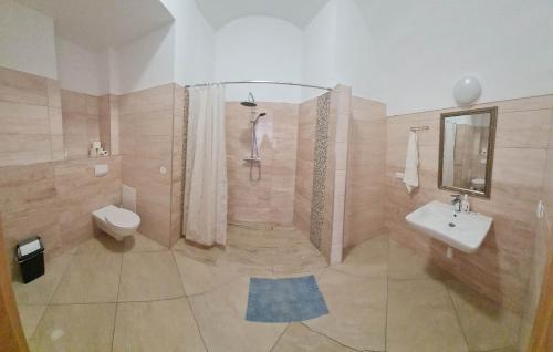 a bathroom with a shower and a toilet and a sink at Diecezjalny Dom Formacyjny in Nysa