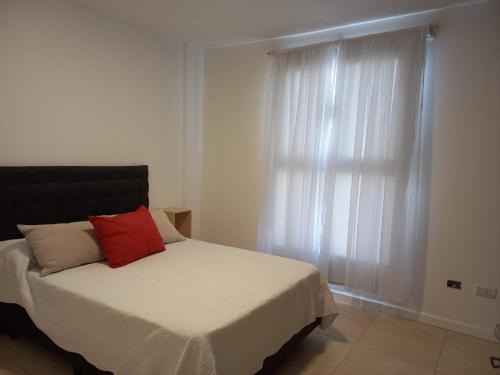 een slaapkamer met een bed met een rood kussen erop bij Apart272 in Río Cuarto